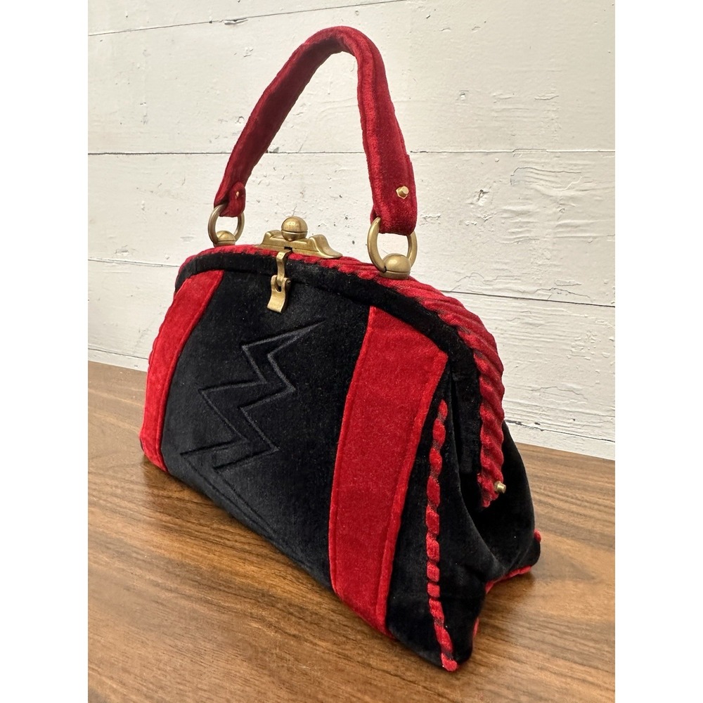 Vintage F.FOTI CREAZIONI Black/Red Lightning Bolt 3 Pocket Velvet Purse